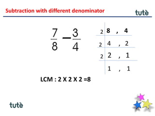 Subtraction with different denominator
8 , 4
2
2 4 , 2
2 2 , 1
1 , 1
LCM : 2 X 2 X 2 =8
 