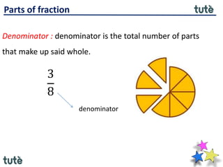 Parts of fraction
Denominator : denominator is the total number of parts
that make up said whole.
3
8
denominator
 