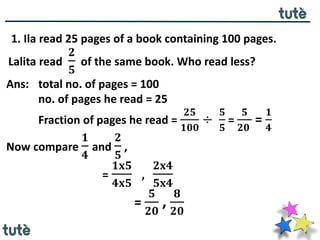 1. Ila read 25 pages of a book containing 100 pages.
Lalita read
𝟐
𝟓
of the same book. Who read less?
Ans: total no. of pages = 100
no. of pages he read = 25
Fraction of pages he read =
𝟐𝟓
𝟏𝟎𝟎
÷
𝟓
𝟓
=
𝟓
𝟐𝟎
=
𝟏
𝟒
Now compare
𝟏
𝟒
and
𝟐
𝟓
,
=
𝟏𝐱𝟓
𝟒𝐱𝟓
,
𝟐𝐱𝟒
𝟓𝐱𝟒
=
𝟓
𝟐𝟎
,
𝟖
𝟐𝟎
 