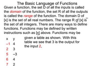 Given a function, the set D of all the inputs is called
the domain of the function, the set R of all the outputs
is called the range of the function. The domain D of
[x] is the set of all real numbers. The range R of [x] is
the set of all integers. There are many ways to define
functions. Functions may be defined by written
instructions such as [x] above. Functions may be
given a table as shown. With this
table we see that 3 is the output for
the input 2,
The Basic Language of Functions
x y
–1 4
2 3
5 –3
6 4
7 2
 