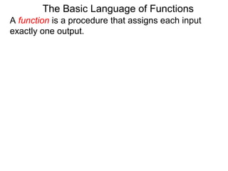 The Basic Language of Functions
A function is a procedure that assigns each input
exactly one output.
 