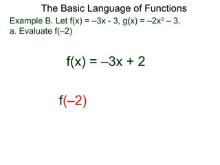 The Basic Language of Functions
Example B. Let f(x) = –3x - 3, g(x) = –2x2
– 3.
a. Evaluate f(–2)
f(x) = –3x + 2
f(–2)
 
