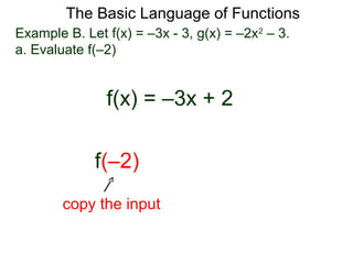 The Basic Language of Functions
Example B. Let f(x) = –3x - 3, g(x) = –2x2
– 3.
a. Evaluate f(–2)
f(x) = –3x + 2
f(–2)
copy the input
 
