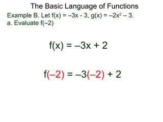 The Basic Language of Functions
Example B. Let f(x) = –3x - 3, g(x) = –2x2
– 3.
a. Evaluate f(–2)
f(x) = –3x + 2
f(–2) = –3(–2) + 2
 