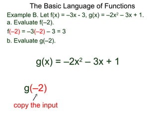The Basic Language of Functions
Example B. Let f(x) = –3x - 3, g(x) = –2x2
– 3x + 1.
a. Evaluate f(–2).
f(–2) = –3(–2) – 3 = 3
b. Evaluate g(–2).
g(x) = –2x2
– 3x + 1
g(–2)
copy the input
 