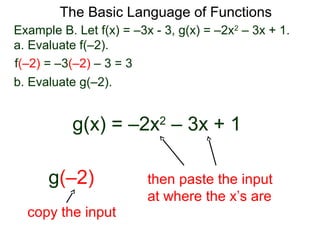 The Basic Language of Functions
Example B. Let f(x) = –3x - 3, g(x) = –2x2
– 3x + 1.
a. Evaluate f(–2).
f(–2) = –3(–2) – 3 = 3
b. Evaluate g(–2).
g(x) = –2x2
– 3x + 1
g(–2)
copy the input
then paste the input
at where the x’s are
 