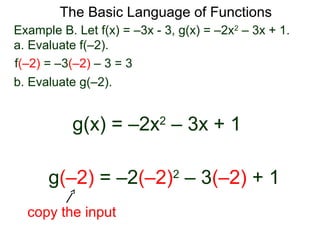 The Basic Language of Functions
Example B. Let f(x) = –3x - 3, g(x) = –2x2
– 3x + 1.
a. Evaluate f(–2).
f(–2) = –3(–2) – 3 = 3
b. Evaluate g(–2).
g(x) = –2x2
– 3x + 1
g(–2) = –2(–2)2
– 3(–2) + 1
copy the input
 