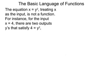The Basic Language of Functions
The equation x = y2
, treating x
as the input, is not a function.
For instance, for the input
x = 4, there are two outputs
y’s that satisfy 4 = y2
,
 