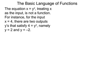 The Basic Language of Functions
The equation x = y2
, treating x
as the input, is not a function.
For instance, for the input
x = 4, there are two outputs
y’s that satisfy 4 = y2
, namely
y = 2 and y = –2.
 