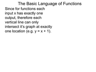The Basic Language of Functions
Since for functions each
input x has exactly one
output, therefore each
vertical line can only
intersect it’s graph at exactly
one location (e.g. y = x + 1).
 