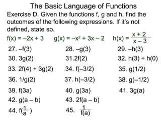 The Basic Language of Functions
27. –f(3) 28. –g(3) 29. –h(3)
30. 3g(2) 31.2f(2) 32. h(3) + h(0)
33. 2f(4) + 3g(2) 34. f(–3/2) 35. g(1/2)
39. f(3a) 40. g(3a) 41. 3g(a)
42. g(a – b) 43. 2f(a – b)
44. f( )a
1 45. f(a)
1
37. h(–3/2) 38. g(–1/2)36. 1/g(2)
Exercise D. Given the functions f, g and h, find the
outcomes of the following expressions. If it’s not
defined, state so.
f(x) = –2x + 3 g(x) = –x2
+ 3x – 2 h(x) =
x + 2
x – 3
 