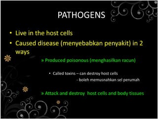 TPATHOGENS Live in the host cellsCaused disease (menyebabkanpenyakit) in 2 waysProduced poisonous (menghasilkanracun)Called toxins – can destroy host cells    - bolehmemusnahkanselperumahAttack and destroy  host cells and body tissues