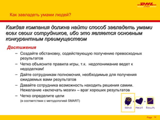 Как завладеть умами людей ? Каждая компания должна найти способ завладеть умами всех своих сотрудников, ибо это является основным конкурентным преимуществом   Достижения Создайте обстановку, содействующую получению превосходных результатов Четко объясните правила игры, т.к.  недопонимание ведет к недоделкам ! Дайте сотрудникам полномочия, необходимые для получения ожидаемых вами результатов Давайте сотрудника возможность находить решения самим. Нежелание «включать мозги» – враг хороших результатов Четко определите цели  (в соответствии с методологией  SMART ) 