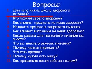Вопросы:

1. Для чего нужна школа здорового
питания?
2. Кто хозяин своего здоровья?
3. Как влияют продукты на наше здоровье?
4. Назовите продукты здорового питания.
5. Как влияют витамины на наше здоровье?
6. Какие советы для полезного питания вы
знаете?
7. Что вы знаете о режиме питания?
8. Почему нельзя переедать?
9. Что есть вредно?
10. Почему нужно есть кашу?
11. Как правильно вести себя за столом?

 