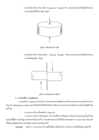 - ความแข็งแรงในการรับแรงอัด (Compressive Stength) คือ ความสามารถของวัสดุที่จะต้านทาน
การแตกปริเมื่อได้รับแรงอัด ดังรูป
รูปที่ 1.8 ลักษณะรับแรงอัด
- ความแข็งแรงในการรับแรงเฉือน (Stearing Strength) คือความสามารถของวัสดุที่จะต้านทาน
การฉีกเมื่อถูกเฉือน ดังรูป
รูปที่ 1.9 ลักษณะรับแรงเฉือน
2. ความเหนียว (Toughtness)
ความเหนียว (Toughtness) หมายถึง ความสามารถของวัสดุที่สามารถต้านทานต่อแรงกระตุกหรือกระแทก
(Shock Loading Impact Loading) อย่างทันทีทันใดได้โดยไม่เกิดการเสียหาย ความสามารถทางด้านความเหนียวมีอยู่ด้วยกัน
ดังนี้ คือ
- ความสามารถในการยืดหยุ่นตัว (Elasticity)
ความสามารถในการยืดหยุ่นตัว คือ สมบัติในการคืนสู่สภาพเดิมภายหลังจากถูกดึงหรืออัด
คุณสมบัตินี้มีความสาคัญมากสาหรับวัสดุโครงสร้าง เพราะต้องออกแบบไม่ให้รับแรงเกินจุดคราก (Yield Point) ซึ่งจะทา
ให้เกิดการยืดตัวอย่างถาวรนาไปสู่การแตกหักและเสียหายได้
หมายเหตุ จุดคราก (Yield Point) คือ จุดที่วัสดุมีการยืดตัวอย่างถาวรไม่สามารถกลับคืนสู่สภาพเดิมได้
 