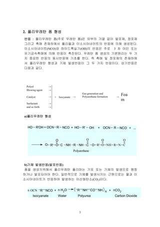 3
2. 폴리우레탄폴리우레탄폴리우레탄폴리우레탄 폼폼폼폼 형성형성형성형성
반응반응반응반응 : 폴리우레탄 폼(주로 우레탄 폼)은 외부의 가열 없이 발포제, 정포제
그리고 촉매 존재하에서 폴리올과 이소시아네이트의 반응에 의해 생성된다.
이소시아네이트(NCO)와 하이드록실기(OH)의 반응은 주로 3 차 아민 또는
유기금속촉매에 의해 반응이 촉진된다. 우레탄 폼 생성의 기본원리는 두 가
지 중요한 반응의 동시반응에 기초를 한다. 즉 촉매 및 정포제의 존재하에
서 폴리우레탄 형성과 기체 발생반응이 그 두 가지 반응이다. 상기반응은
다음과 같다.
Polyol →
Blowing agent →
Catalyst → + Isocyanate →
Gas generation and
Polyurethane formation →
Foa
m
Surfactant →
and so forth →
a)폴리우레탄폴리우레탄폴리우레탄폴리우레탄 형성형성형성형성
b)기체기체기체기체 발생반응발생반응발생반응발생반응(발포반응발포반응발포반응발포반응)
폼을 생성키위해서 폴리우레탄 폴리머는 기포 또는 기체의 발생으로 팽창
하거나 발포되어야 한다. 일반적으로 기체를 발생시키는 근원으로는 물과 이
소시아네이트가 반응하여 발생하는 이산화탄소(CO2)이다.
HO R'OH + OCN R NCO + HO R' OH + OCN R NCO + ...
O R' O
O
C NH R NH C
O
O R' O
O
NH R N C
O
Polyurethane
n OCN R NCO + n H2
O R NH CO NH n + nCO2
Isocyanate Water Polyurea Carbon Dioxide
 
