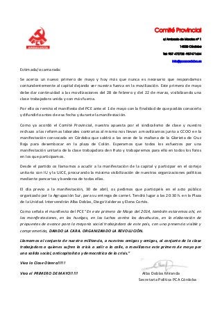 Carta de Alba Doblas Secretaria Política Provincial sobre el 1º de Mayo