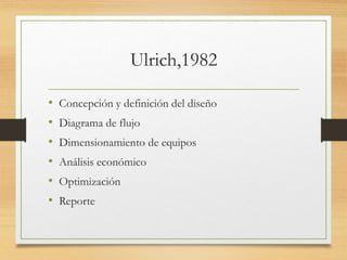 Ulrich,1982
• Concepción y definición del diseño
• Diagrama de flujo
• Dimensionamiento de equipos
• Análisis económico
• Optimización
• Reporte
 