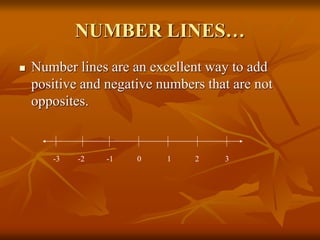 NUMBER LINES…
 Number lines are an excellent way to add
positive and negative numbers that are not
opposites.
-3 -2 -1 0 1 2 3
 