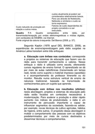 151
custos atualmente já podem ser
considerados relativamente baixos.
Para uso através de Notebooks,
Netbooks e similares o custo se
torna expressivo.
Custo reduzido de produção em
relação a outros meios.
Fatores de custo dependentes do
projeto concebido e a ser
executado.
Quadro 7.1: Quadro comparativo entre rádio, por
transmissão/recepção por ondas eletromagnéticas e mídias digitais,
com conteúdos de WEBRD, via Internet.
Fonte original da coluna à esquerda: Del Bianco (2008, p. 57).
Segundo Kaplún (1978 apud DEL BIANCO, 2008), as
experiências de ensino/aprendizagem pelo rádio surgidas na
América Latina transitam entre três enfoques:
a. Educação com ênfase nos conteúdos: corresponde
a projetos ou sistemas de educação que fazem uso do
rádio para transmitir conhecimento e valores. Nesse
enfoque o rádio é utilizado como escola, oferecendo
cursos regulares de ensino formal. O aprendizado se dá
por meio de aulas radiofônicas (transmissão em tempo
real), tendo como suporte o material impresso (apostilas)
e o acompanhamento do professor itinerante ou do
monitor. Resulta numa estrutura vertical de ensino de
natureza tradicional, baseada na transmissão de
conhecimentos para um sujeito que aprende.
b. Educação com ênfase nos resultados (efeitos):
nesta abordagem, projetos e sistemas de educação pelo
rádio estão focados em conteúdos necessários à
modernização. Para acelerar a produção e obter rápido
aumento nos índices de produtividade, o rádio é um
instrumento de percussão importante e capaz de
influenciar segmentos da sociedade, fazendo-os adotar,
por exemplo, novas técnicas de cultivo agrícolas, hábitos
de higiene, entre outros. O propósito dessa abordagem é
moldar o comportamento das pessoas com os objetivos
predeterminados por meio de cursos destinados a
disseminar técnicas e comportamentos.
 