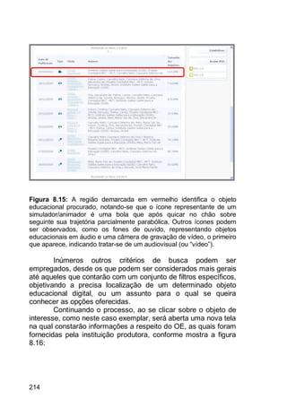 214
Figura 8.15: A região demarcada em vermelho identifica o objeto
educacional procurado, notando-se que o ícone representante de um
simulador/animador é uma bola que após quicar no chão sobre
seguinte sua trajetória parcialmente parabólica. Outros ícones podem
ser observados, como os fones de ouvido, representando objetos
educacionais em áudio e uma câmera de gravação de vídeo, o primeiro
que aparece, indicando tratar-se de um audiovisual (ou “vídeo”).
Inúmeros outros critérios de busca podem ser
empregados, desde os que podem ser considerados mais gerais
até aqueles que contarão com um conjunto de filtros específicos,
objetivando a precisa localização de um determinado objeto
educacional digital, ou um assunto para o qual se queira
conhecer as opções oferecidas.
Continuando o processo, ao se clicar sobre o objeto de
interesse, como neste caso exemplar, será aberta uma nova tela
na qual constarão informações a respeito do OE, as quais foram
fornecidas pela instituição produtora, conforme mostra a figura
8.16:
 