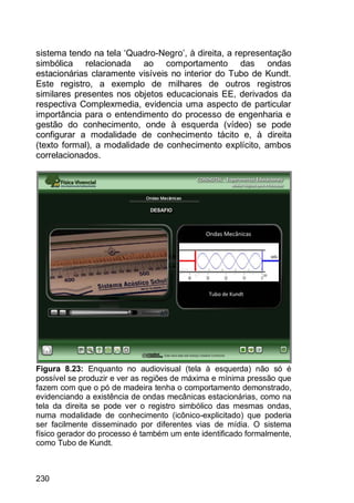 230
sistema tendo na tela „Quadro-Negro‟, à direita, a representação
simbólica relacionada ao comportamento das ondas
estacionárias claramente visíveis no interior do Tubo de Kundt.
Este registro, a exemplo de milhares de outros registros
similares presentes nos objetos educacionais EE, derivados da
respectiva Complexmedia, evidencia uma aspecto de particular
importância para o entendimento do processo de engenharia e
gestão do conhecimento, onde à esquerda (vídeo) se pode
configurar a modalidade de conhecimento tácito e, à direita
(texto formal), a modalidade de conhecimento explícito, ambos
correlacionados.
Figura 8.23: Enquanto no audiovisual (tela à esquerda) não só é
possível se produzir e ver as regiões de máxima e mínima pressão que
fazem com que o pó de madeira tenha o comportamento demonstrado,
evidenciando a existência de ondas mecânicas estacionárias, como na
tela da direita se pode ver o registro simbólico das mesmas ondas,
numa modalidade de conhecimento (icônico-explicitado) que poderia
ser facilmente disseminado por diferentes vias de mídia. O sistema
físico gerador do processo é também um ente identificado formalmente,
como Tubo de Kundt.
 