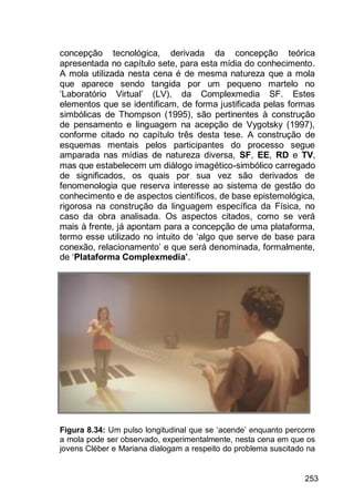 253
concepção tecnológica, derivada da concepção teórica
apresentada no capítulo sete, para esta mídia do conhecimento.
A mola utilizada nesta cena é de mesma natureza que a mola
que aparece sendo tangida por um pequeno martelo no
„Laboratório Virtual‟ (LV), da Complexmedia SF. Estes
elementos que se identificam, de forma justificada pelas formas
simbólicas de Thompson (1995), são pertinentes à construção
de pensamento e linguagem na acepção de Vygotsky (1997),
conforme citado no capítulo três desta tese. A construção de
esquemas mentais pelos participantes do processo segue
amparada nas mídias de natureza diversa, SF, EE, RD e TV,
mas que estabelecem um diálogo imagético-simbólico carregado
de significados, os quais por sua vez são derivados de
fenomenologia que reserva interesse ao sistema de gestão do
conhecimento e de aspectos científicos, de base epistemológica,
rigorosa na construção da linguagem específica da Física, no
caso da obra analisada. Os aspectos citados, como se verá
mais à frente, já apontam para a concepção de uma plataforma,
termo esse utilizado no intuito de „algo que serve de base para
conexão, relacionamento‟ e que será denominada, formalmente,
de „Plataforma Complexmedia’.
Figura 8.34: Um pulso longitudinal que se „acende‟ enquanto percorre
a mola pode ser observado, experimentalmente, nesta cena em que os
jovens Cléber e Mariana dialogam a respeito do problema suscitado na
 