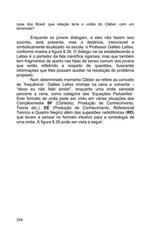 254
casa dos Brasil: que relação teria o violão do Cléber, com um
terremoto?
Enquanto os jovens dialogam, e eles não fazem isso
sozinho, está presente, mas a distância, intencional e
simbolicamente localizado na escola, o Professor Galileo Lattes,
conforme mostra a figura 8.34. O diálogo vai se estabelecendo e
Lattes é o portador da fala científica rigorosa, mas que também
tem fragmentos de acerto nas falas de senso comum dos jovens
que estão refletindo a respeito de questões, buscando
informações que lhes possam auxiliar na resolução do problema
proposto.
Num determinado momento Cléber se refere ao conceito
de „frequência‟: Galileo Lattes irrompe na cena e comenta –
“disso eu não falei ainda!”, enquanto uma onda senoidal
percorre a cena, como categoria das „Equações Flutuantes‟.
Este formato de onda pode ser visto em várias situações das
Complexmedia SF (Contexto, Produção de Conhecimento,
Teoria etc.), EE (Produção de Conhecimento, Referencial
Teórico e Quadro Negro) além das sugestões radiofônicas (RD)
que levam a pensar no formato intuitivo para a simbologia de
uma onda. A figura 8.35 pode ser vista a seguir:
 