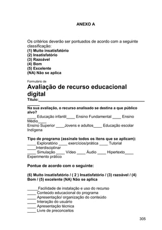 305
ANEXO A
Os critérios deverão ser pontuados de acordo com a seguinte
classificação:
(1) Muito insatisfatório
(2) Insatisfatório
(3) Razoável
(4) Bom
(5) Excelente
(NA) Não se aplica
Formulário de
Avaliação de recurso educacional
digital
Título:____________________________________________________
______
Na sua avaliação, o recurso analisado se destina a que público
alvo?
____ Educação infantil____ Ensino Fundamental ____ Ensino
Médio____
Ensino Superior ____Jovens e adultos____ Educação escolar
Indígena
Tipo de programa (assinale todos os itens que se aplicam):
____ Exploratório ____ exercícios/prática ____ Tutorial
____Interdisciplinar
____ Simulação ____ Vídeo ____ Áudio ____ Hipertexto____
Experimento prático
Pontue de acordo com o seguinte:
(6) Muito insatisfatório / ( 2 ) Insatisfatório / (3) razoável / (4)
Bom / (5) excelente (NA) Não se aplica
_____Facilidade de instalação e uso do recurso
____ Conteúdo educacional do programa
____ Apresentação/ organização do conteúdo
____ Interação do usuário
____ Apresentação técnica
____ Livre de preconceitos
 