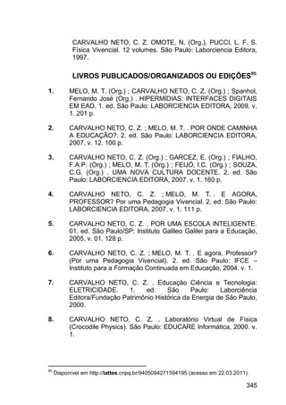 345
CARVALHO NETO, C. Z. OMOTE, N. (Org.), PUCCI, L. F. S.
Física Vivencial. 12 volumes. São Paulo: Laborciencia Editora,
1997.
LIVROS PUBLICADOS/ORGANIZADOS OU EDIÇÕES95
1. MELO, M. T. (Org.) ; CARVALHO NETO, C. Z. (Org.) ; Spanhol,
Fernando José (Org.) . HIPERMÍDIAS: INTERFACES DIGITAIS
EM EAD. 1. ed. São Paulo: LABORCIENCIA EDITORA, 2009. v.
1. 201 p.
2. CARVALHO NETO, C. Z. ; MELO, M. T. . POR ONDE CAMINHA
A EDUCAÇÃO?. 2. ed. São Paulo: LABORCIENCIA EDITORA,
2007. v. 12. 100 p.
3. CARVALHO NETO, C. Z. (Org.) ; GARCEZ, E. (Org.) ; FIALHO,
F.A.P. (Org.) ; MELO, M. T. (Org.) ; FEIJÓ, I.C. (Org.) ; SOUZA,
C.G. (Org.) . UMA NOVA CULTURA DOCENTE. 2. ed. São
Paulo: LABORCIENCIA EDITORA, 2007. v. 1. 160 p.
4. CARVALHO NETO, C. Z. ; MELO, M. T. . E AGORA,
PROFESSOR? Por uma Pedagogia Vivencial. 2. ed. São Paulo:
LABORCIENCIA EDITORA, 2007. v. 1. 111 p.
5. CARVALHO NETO, C. Z. . POR UMA ESCOLA INTELIGENTE.
01. ed. São Paulo/SP: Instituto Galileo Galilei para a Educação,
2005. v. 01. 128 p.
6. CARVALHO NETO, C. Z. ; MELO, M. T. . E agora, Professor?
(Por uma Pedagogia Vivencial). 2. ed. São Paulo: IFCE –
Instituto para a Formação Continuada em Educação, 2004. v. 1.
7. CARVALHO NETO, C. Z. . Educação Ciência e Tecnologia:
ELETRICIDADE. 1. ed. São Paulo: Laborciência
Editora/Fundação Patrimônio Histórica da Energia de São Paulo,
2000.
8. CARVALHO NETO, C. Z. . Laboratório Virtual de Física
(Crocodile Physics). São Paulo: EDUCARE Informática, 2000. v.
1.
95
Disponível em http://lattes.cnpq.br/9405094271594195 (acesso em 22.03.2011).
 