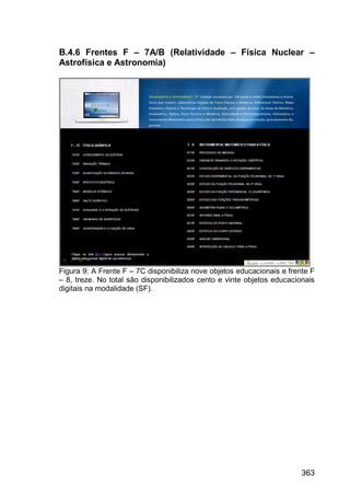 363
B.4.6 Frentes F – 7A/B (Relatividade – Física Nuclear –
Astrofísica e Astronomia)
Figura 9: A Frente F – 7C disponibiliza nove objetos educacionais e frente F
– 8, treze. No total são disponibilizados cento e vinte objetos educacionais
digitais na modalidade (SF).
 