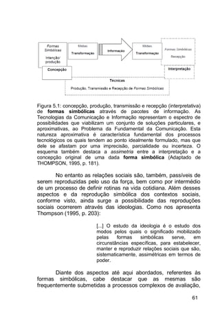 61
Figura 5.1: concepção, produção, transmissão e recepção (interpretativa)
de formas simbólicas através de pacotes de informação. As
Tecnologias da Comunicação e Informação representam o espectro de
possibilidades que viabilizam um conjunto de soluções particulares, e
aproximativas, ao Problema da Fundamental da Comunicação. Esta
natureza aproximativa é característica fundamental dos processos
tecnológicos os quais tendem ao ponto idealmente formulado, mas que
dele se afastam por uma imprecisão, parcialidade ou incerteza. O
esquema também destaca a assimetria entre a interpretação e a
concepção original de uma dada forma simbólica (Adaptado de
THOMPSON, 1995, p. 181).
No entanto as relações sociais são, também, passíveis de
serem reproduzidas pelo uso da força, bem como por intermédio
de um processo de definir rotinas na vida cotidiana. Além desses
aspectos e da reprodução simbólica dos contextos sociais,
conforme visto, ainda surge a possibilidade das reproduções
sociais ocorrerem através das ideologias. Como nos apresenta
Thompson (1995, p. 203):
[...] O estudo da ideologia é o estudo dos
modos pelos quais o significado mobilizado
pelas formas simbólicas serve, em
circunstâncias específicas, para estabelecer,
manter e reproduzir relações sociais que são,
sistematicamente, assimétricas em termos de
poder.
Diante dos aspectos até aqui abordados, referentes às
formas simbólicas, cabe destacar que as mesmas são
frequentemente submetidas a processos complexos de avaliação,
 