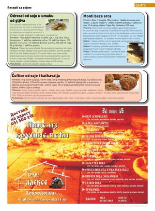 gastro
Recepti sa sojom

 Odresci od soje u umaku                                                             Monti beze srca
 od gljiva                                                                           Potrebno: Beze; 3 bjelanjka, 120 g fruktoze, 1 kašika limunovog soka.
                                                                                     Nadjev I; 3 jabuke. Nadjev II; 4 kašike mljevenih lješnjaka, 1 kašika fruk-
 Što ponuditi vegetarijancima, a da                                                  toze, 0,5 dl sojinog mlijeka. Preljev; 80 g čokolade sa 70% kaka.
 priprema jela ne traži ni nedostupnih                                               Priprema: Beze; Istući čvrst snijeg od bjelanjaka. Dodati fruktozu i
 namirnica, ni načina pripreme? Soja                                                 limunov sok i dalje miksati dok se sav šećer ne otopi (oko 15 minuta). Na
 se pokazuje kao idealna namirnica, s                                                papiru za pečenje iscrtati srca te špricom za ukrašavanje puniti unutrašn-
 tim da se može “podvaliti” i isključivim mesojedima!                                jost. Beze srca sušiti u zagrijanoj rernina 110-120 stepeni sat i po. Ohladiti
 Potrebno: 100 g sojinih odrezaka, 4 kašike ulja, 120 g luka, 250 g                  prije spajanja nadjevom. Od navedene količine dobije se oko 26 korica.
 šampinjona, 2 kašičice mješavine začina, 1/2 kašičice bibera, 1/2                   Nadjev I; Jabuke naribati s korom i pirjati dok sva tekućina ne smanji.
 kašičice kurkume, 1/2 kašičice đumbira u prahu, 150-200 ml vode,                    Štapnim mikserom doraditi u pire. Ohladiti.
 50 g kikirikija, 1 kašičica gustina.                                                Nadjev II; U mljevene lješnjake dodati fruktozu i sm-
 Priprema: Pripremite sojine odreske. Na ulju popecite nasjeckani luk i gljive       jesu pofuriti vrućim sojinim mlijekom. Ohladiti.
 narezane na listiće. Dodajte malo začina, biber, kurkumu, đumbir i podlijte s       Preljev; Čokoladu otopiti na pari. Dvije korice spojiti
 oko 50 ml vode. Zajedno pirjajte 5-10 minuta. Nakon toga u tavu stavite             nadjevom i to na način da gornja strana dolazi u
 pripremljene sojine odreske, oljušteni kikiriki, preostale začine i gustin raz-     sredinu kolačića. Gotove kolačiće preliti čokoladnom
 mućen u malo vode. Podlijte s preostalom vodom i kuhajte još 1-2 minute.            glazurom.
 Sojine odreske u umaku poklopite i ostavite stajati oko 10 minuta.
 Posluživanje: Uz ovo jelo poslužite salatu po želji.




   Ćuftice od soje i kačkavalja
   Potrebno: 70 g sojinih ljuspica, 100 ml vode, 100 g rendanog dimljenog kačkavalja, 1/2 kašičice soli,
   1/2 kašičice bibera, 1/2 kašičice crvene mljevene paprika, 1/2 kašičice bijelog luka u granulama, 1
   kašičica jseckanog peršuna (može i sušen), 1 jaje, 10 g (1 prepuna kašika) prezli (mrvica od suvog
   hljeba), brašno, ulje za prženje.
   Priprema: Sojine ljuspice preliti vodom i ostaviti da je upiju. Dodati u soju narendan kačkavalj, začine
   i jaje. Smjesu dobro izmjesiti rukom. Dodati prezle, još izmjesiti, pa praviti kuglice, uvaljati u brašno i na dasci malo spljeskati da imaju oblik
   ćufti. Pržiti na vrućem ulju dok ne porumene.
   Posluživanje: Uz ove ćuftice odlično ide sos od paradajza (ulje, malo crnog luka, brašno, kuvani paradajz, malo bijelog luka).




                                                                                                                        maj/jun 2012. | intermezzo | 47
 