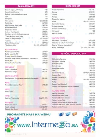 BAnjA lUkA 051                                                           BIjEljInA 055
Telekom Srpske, informacije                                   1185    Autobuska stanica                                      212-411
Kvarovi na telefonima                                         1275    Bolnica                                                 210-971
Buđenje i poziv u određeno vrijeme                            1401    Opština                                                 209-099
CJB                                                            122    Policija                                                207-633
Vatrogasci                                                     123    Željeznička stanica                                   210-395
Hitna pomoć                                           124, 230-620    Pošta                                          212-111, 210-522
Poliklinika                                                247-333
                                                                      Elektrodistribucija                                     201-211
Klinički centar Banja Luka                                 342-100
                                                                      Gradska toplana                                         211-640
Autobuska stanica                                          922 000
                                                                      Vodovod i kanalizacija                                  226-460
Željeznička stanica                                        301-229
                                                                      Vatrogasci                                                   123
Vodovod i kanalizacije                                     212-316
                                                                      Matična služba                                          233-121
Stambeni servisi –Održavanje stanova                       228-060
“Elektrokrajina” Banja Luka                                247-100
Centar za obavještavanje                              121, 212-500    KULTURNI CENTRI
“Čistoća”                                                  304-477    Biblioteka ''Filip Višnjić''                           205 – 603
Meteorološka stanica                                       307-943    JU centar za kulturu ''Semberija''                     204 – 202
“Gradsko groblje”                             214-107, 065/646-312    Galerija ''Milenko Atanacković''                       206 – 472
                                                                      Muzej ''Semberija''                         201 – 292, 206 – 910
KULTURNI CENTRI
Narodno pozorište RS                                        317-949
Dječije pozorište RS                                        232-844                   IsToČno sArAjEvo 057
Gradsko pozorište Jazavac                                   462-887
Narodna i univerzitetska biblioteka RS “Petar Kočić”        215-859   CJB Istočno Sarajevo                                    316-104
Banski dvor                                                 305-336
                                                                      Vatrogasna brigada                                      340-734
Francuski kulturni centar                                   219-238
                                                                      Bolnica Kasindo                                         316-054
                                                                      Dom zdravlja                                            340-782
PARFIMERIJE
                                                                      Autobuska stanica                                       317-377
Didaco Commerce                                             586-777
                                                                      Taksi                                                   340-200
Parfimeria Sergio                                          226-150
                                                                      Elektrodistribucija                            317-929, 317-930
                                                                      Sarajevo Gas                                            340-113
CENTRI ZA LJEPOTU
                                                                      Vodovod i kanalizacija                                  340-480
Specijalizovani Centar za trajnu epilaciju Nomasvello      258-150
                                                                      Apoteka                                        316-260, 317-902
                                                                      Pošta                                                   316-168
MOTELI
                                                                      Osnovni Sud (Sokolac)                                   448-113
Prenoćište i restoran “Alas”                                212-622
                                                                      Osnovni Sud (odjeljenje Istočno Sarajevo)               342-528
HOTELI
Hotel Ćubić                                                331-000    KULTURNI CENTRI
                                                                      Matična biblioteka                                      340-778
KAFIĆI                                                                Narodna biblioteka Pale                                 223-418
Cafe bar “Harmonija”                                    065/773-775   Narodna biblioteka Sokolac                              401-350
                                                                      Kulturni centar Pale                                    227-132
RESTORANI                                                             Kulturni centar Istočno Novo Sarajevo                   342-842
Krčma kod Alekse                                            300 242   Ustanova za kulturu ''Pero Kosorić'' Sokolac            448-407
Healty Lifestyle                                        066/424 139   Kulturni centar Trnovo                                  610-352
Pizzeria San Remo                                          315-815




50 | intermezzo | april 2012.
 