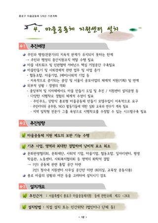 종로구 마을공동체 5개년 기본계획




        4. 마을공동체 지원센터 설치
4-1    추진배경
      주민과 행정(전문가)의 지속적 관계가 유지되지 못하는 한계
      → 주민과 행정의 중간지원조직 역할 수행 필요
       마을 네트워크 및 민관협력 거버넌스 핵심 거점공간 구축필요
      마을만들기 및 사회경제적 관련 업무 및 사업 증가
      - 협동조합, 마을기업, (예비)사회적 기업 등
      - 지속적으로 증가되는 중앙 및 서울시 공모사업의 체계적 지원(기획) 및 연계
      외부적 상황 : 경쟁의 격화
      - 중앙부처 및 지자체에서도 마을 만들기 도입 및 추진 / 지원센터 설치운영 등
      - 다양한 시행착오 경험의 체계적 수정이 필요
       ․ 주민주도, 상향식 종로형 마을공동체 만들기 모델수립이 지속적으로 요구
       ․ 주민리더와 공무원, NGO 활동가들에 대한 심화 교육과 연수가 계속 필요
       ․ 지역 밀착형 전문가 그룹 육성으로 시행착오를 수정할 수 있는 시스템구축 필요


4-2    추진방향

      마을공동체 지원 제도의 보완 기능 수행

      기존 사업, 영역과 최대한 결합하여 낭비적 요소 최소
      화
      문화관광협의회, 문화재단, 사회적 기업, 마을기업, 협동조합, 일자리센터, 평생
      학습관, 노동센터, 사회복지협의회 등 영역의 화학적 결합
      → 1안) 공동체 관련 통합 공간 마련
        2안) 청사내 지원센터 사무실 공간만 마련 (회의실, 교육장 공동사용)
      종로 마을의 상황과 여건 등을 고려하여 설치시기 검토


4-3    설치개요
       추진근거 : 서울특별시 종로구 마을공동체지원 등에 관한조례 제22 ∼24조


      설치방법 : 직접 설치 또는 민간위탁 (법인이나 단체 등)

                           - 12 -
 