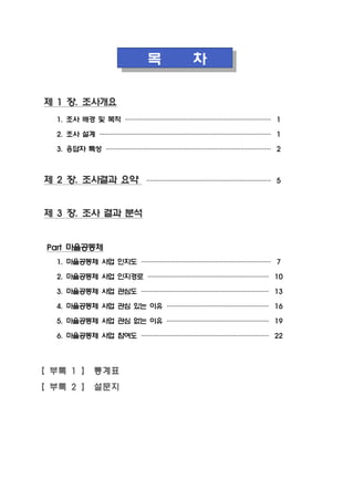 목         차

 제 1 장. 조사개요
  1. 조사 배경 및 목적 ····················· 1
                ····················
                 ····················
                 ····················

  2. 조사 설계 ························ 1
           ························
            ························
            ························

  3. 응답자 특성 ······················· 2
            ·······················
            ·······················
             ·······················



 제 2 장. 조사결과 요약     ··· ···· ···· ···· ··· 5
                    · ····· ···· ···· ···
                     ···· ···· ····· ····
                     ··· ···· ···· ····· ·



 제 3 장. 조사 결과 분석


 Part 마을공동체
  1. 마을공동체 사업 인지도 ·················· 7
                  ·· ········ ········
                   ········ ······· ···
                   ······ ······· ·····

  2. 마을공동체 사업 인지경로 ················· 10
                   ·················
                    ·················
                    ·················

  3. 마을공동체 사업 관심도 ·················· 13
                  ··················
                  ··················
                   · · · · · ·· · · · · · · · · · ·

  4. 마을공동체 사업 관심 있는 이유 ··············· 16
                       ··············
                        ··············
                        ··············

  5. 마을공동체 사업 관심 없는 이유 ··············· 19
                       ··············
                        ··············
                        ··············

  6. 마을공동체 사업 참여도 ·················· 22
                  ··················
                  ··················
                   · · · · · ·· · · · · · · · · · ·




【 부록 1 】 통계표
【 부록 2 】 설문지
 