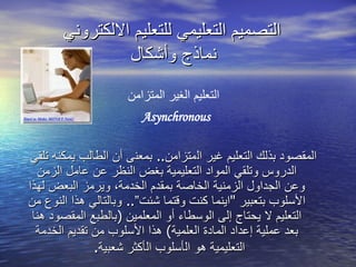  التصميم التعليمي للتعليم الالكتروني نماذج وأشكال التعليم  الغير  المتزامن Asynchronous   المقصود بذلك التعليم غير  ال متزامن ..   بمعن ى  أن الطالب يمكنه تلقي الدروس وتلقي المواد التعليمية بغض النظر عن عامل الزمن وعن الجداول الزمنية الخاصة بمقدم الخدمة،  و يرمز البعض لهذا الأسلوب بتعبير  " اينم ا  كنت وقتما شئت” ..   وبالتالي هذا النوع من التعليم لا يحتاج إلى الوسطاء أو المعلمين  ( بالطبع المقصود هنا بعد عملية  إ عداد المادة العلمية )  هذا الأسلوب من تقديم الخدمة التعليمية هو ال أ سلوب ال أ كثر شعبية .  