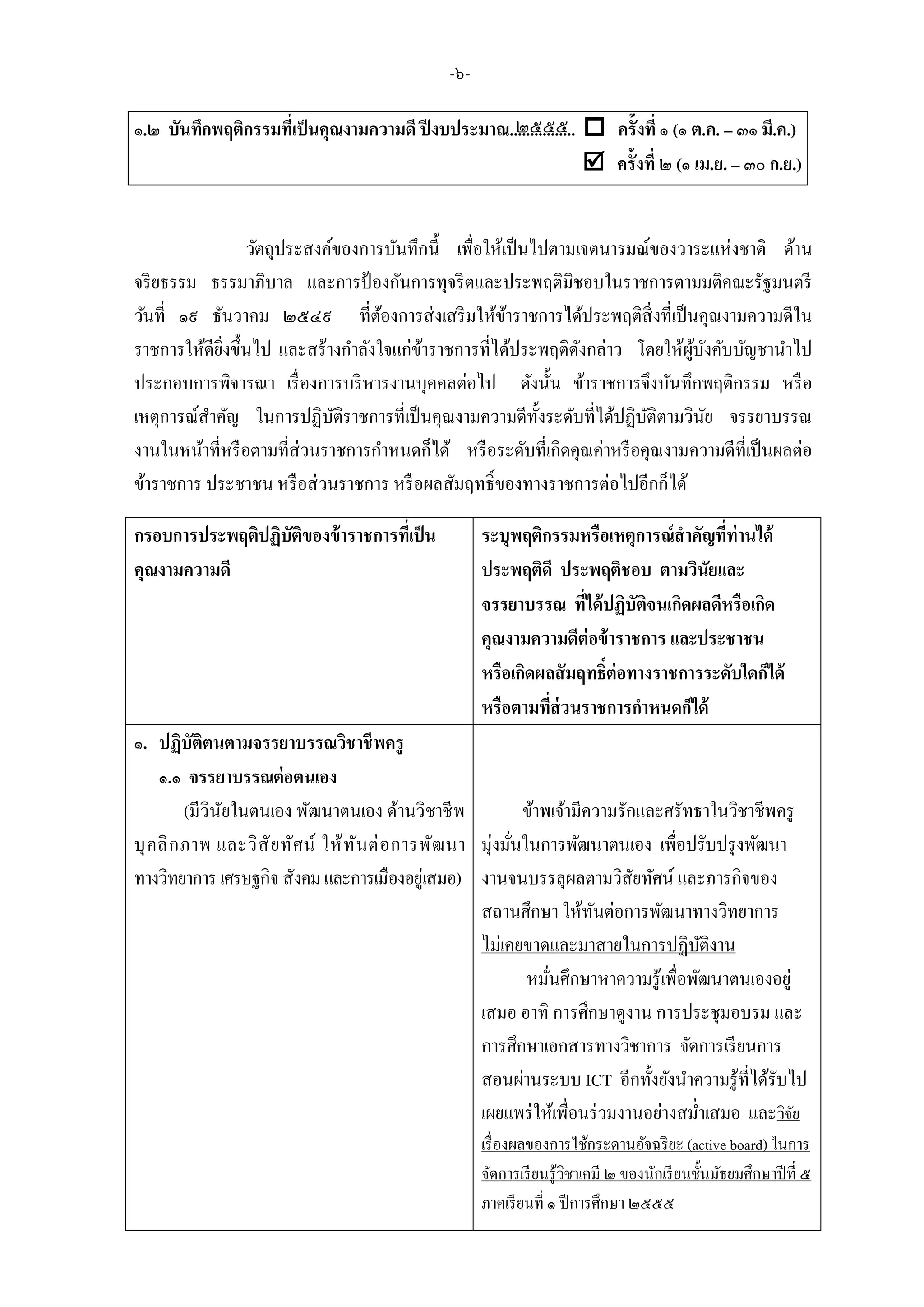 -๖-
๑.๒ บันทึกพฤติกรรมที่เป็นคุณงามความดี ปีงบประมาณ................  ครั้งที่ ๑ (๑ ต.ค. – ๓๑ มี.ค.)
 ครั้งที่ ๒ (๑ เม.ย. – ๓๐ ก.ย.)
วัตถุประสงค์ของการบันทึกนี้ เพื่อให้เป็นไปตามเจตนารมณ์ของวาระแห่งชาติ ด้าน
จริยธรรม ธรรมาภิบาล และการป้ องกันการทุจริตและประพฤติมิชอบในราชการตามมติคณะรัฐมนตรี
วันที่ ๑๙ ธันวาคม ๒๕๔๙ ที่ต้องการส่งเสริมให้ข้าราชการได้ประพฤติสิ่งที่เป็นคุณงามความดีใน
ราชการให้ดียิ่งขึ้นไป และสร้างกาลังใจแก่ข้าราชการที่ได้ประพฤติดังกล่าว โดยให้ผู้บังคับบัญชานาไป
ประกอบการพิจารณา เรื่องการบริหารงานบุคคลต่อไป ดังนั้น ข้าราชการจึงบันทึกพฤติกรรม หรือ
เหตุการณ์สาคัญ ในการปฏิบัติราชการที่เป็นคุณงามความดีทั้งระดับที่ได้ปฏิบัติตามวินัย จรรยาบรรณ
งานในหน้าที่หรือตามที่ส่วนราชการกาหนดก็ได้ หรือระดับที่เกิดคุณค่าหรือคุณงามความดีที่เป็นผลต่อ
ข้าราชการ ประชาชน หรือส่วนราชการ หรือผลสัมฤทธิ์ของทางราชการต่อไปอีกก็ได้
กรอบการประพฤติปฏิบัติของข้าราชการที่เป็น
คุณงามความดี
ระบุพฤติกรรมหรือเหตุการณ์สาคัญที่ท่านได้
ประพฤติดี ประพฤติชอบ ตามวินัยและ
จรรยาบรรณ ที่ได้ปฏิบัติจนเกิดผลดีหรือเกิด
คุณงามความดีต่อข้าราชการ และประชาชน
หรือเกิดผลสัมฤทธิ์ต่อทางราชการระดับใดก็ได้
หรือตามที่ส่วนราชการกาหนดก็ได้
๑. ปฏิบัติตนตามจรรยาบรรณวิชาชีพครู
๑.๑ จรรยาบรรณต่อตนเอง
(มีวินัยในตนเอง พัฒนาตนเอง ด้านวิชาชีพ
บุคลิกภาพ และวิสัยทัศน์ ให้ทันต่อการพัฒนา
ทางวิทยาการ เศรษฐกิจ สังคมและการเมืองอยู่เสมอ)
ข้าพเจ้ามีความรักและศรัทธาในวิชาชีพครู
มุ่งมั่นในการพัฒนาตนเอง เพื่อปรับปรุงพัฒนา
งานจนบรรลุผลตามวิสัยทัศน์ และภารกิจของ
สถานศึกษา ให้ทันต่อการพัฒนาทางวิทยาการ
ไม่เคยขาดและมาสายในการปฏิบัติงาน
หมั่นศึกษาหาความรู้เพื่อพัฒนาตนเองอยู่
เสมอ อาทิ การศึกษาดูงาน การประชุมอบรม และ
การศึกษาเอกสารทางวิชาการ จัดการเรียนการ
สอนผ่านระบบ ICT อีกทั้งยังนาความรู้ที่ได้รับไป
เผยแพร่ให้เพื่อนร่วมงานอย่างสม่าเสมอ และวิจัย
เรื่องผลของการใช้กระดานอัจฉริยะ (active board) ในการ
จัดการเรียนรู้วิชาเคมี ๒ ของนักเรียนชั้นมัธยมศึกษาปีที่ ๕
ภาคเรียนที่ ๑ ปีการศึกษา ๒๕๕๕
๒๕๕๕
 