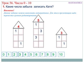 Урок 56. Числа 0 - 10                                           МАТЕМАТИКА
1. Какие числа забыла записать Катя?
 Внимание!
 Данное задание можно выполнить интерактивно. Для этого презентацию надо
 перевести в режим редактирования.

                                  5
                               1 4
              4
           1 3                 2 3
                                                        3
           2 2                 3 2                    1 2
           3 1                 4 1                    2 1


0 1       2    3     4    5     6     7    8    9      10
 
