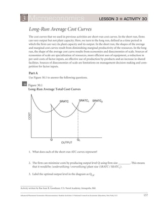 UNIT

  3 Microeconomics                                                                               LESSON 3 I ACTIVITY 30

          Long-Run Average Cost Curves
          The cost curves that we used in previous activities are short-run cost curves. In the short run, firms
          can vary output but not plant capacity. Here, we turn to the long run, defined as a time period in
          which the firm can vary its plant capacity and its output. In the short run, the shapes of the average
          and marginal cost curves result from diminishing marginal productivity of the resources. In the long
          run, the shape of the average cost curve results from economies and diseconomies of scale. Sources of
          economies of scale are specialization of resources, more efficient uses of equipment, a reduction in
          per-unit costs of factor inputs, an effective use of production by-products and an increase in shared
          facilities. Sources of diseconomies of scale are limitations on management decision making and com-
          petition for factor inputs.

          Part A
          Use Figure 30.1 to answer the following questions.

         Figure 30.1
         Long-Run Average Total Cost Curves


                                                SRATC                   SRATC1          SRATC2
         COST




                                    Q                                Q1
                                                  OUTPUT


          1. What does each of the short-run ATC curves represent?


          2. The firm can minimize costs by producing output level Q using firm size ________. This means
             that it would be (underutilizing / overutilizing) plant size (SRATC / SRATC1).

          3. Label the optimal output level in the diagram as QLR.



Activity written by Rae Jean B. Goodman, U.S. Naval Academy, Annapolis, Md.


Advanced Placement Economics Microeconomics: Student Activities © National Council on Economic Education, New York, N.Y.   157
 
