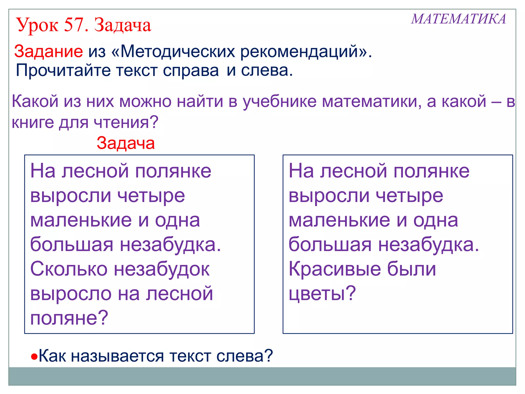 МАТЕМАТИКА
Урок 57. Задача
Задание из «Методических рекомендаций».
Прочитайте текст справа и слева.
Какой из них можно найти в учебнике математики, а какой – в
книге для чтения?
          Задача
  На лесной полянке              На лесной полянке
  выросли четыре                 выросли четыре
  маленькие и одна               маленькие и одна
  большая незабудка.             большая незабудка.
  Сколько незабудок              Красивые были
  выросло на лесной              цветы?
  поляне?
   Как называется текст слева?
 