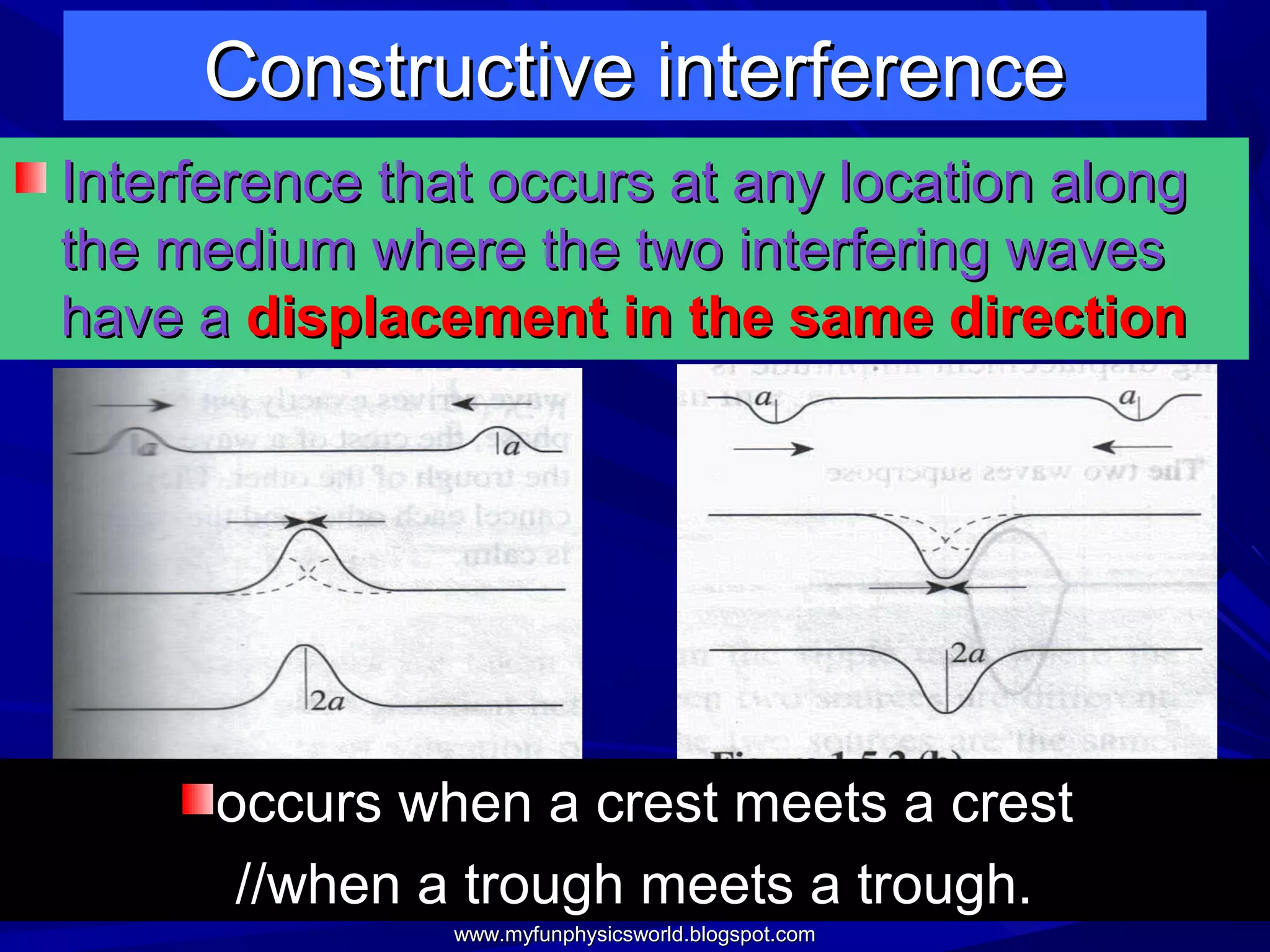 Constructive interference
Interference that occurs at any location along
the medium where the two interfering waves
have a displacement in the same direction




      occurs when a crest meets a crest
       //when a trough meets a trough.
                www.myfunphysicsworld.blogspot.com
 