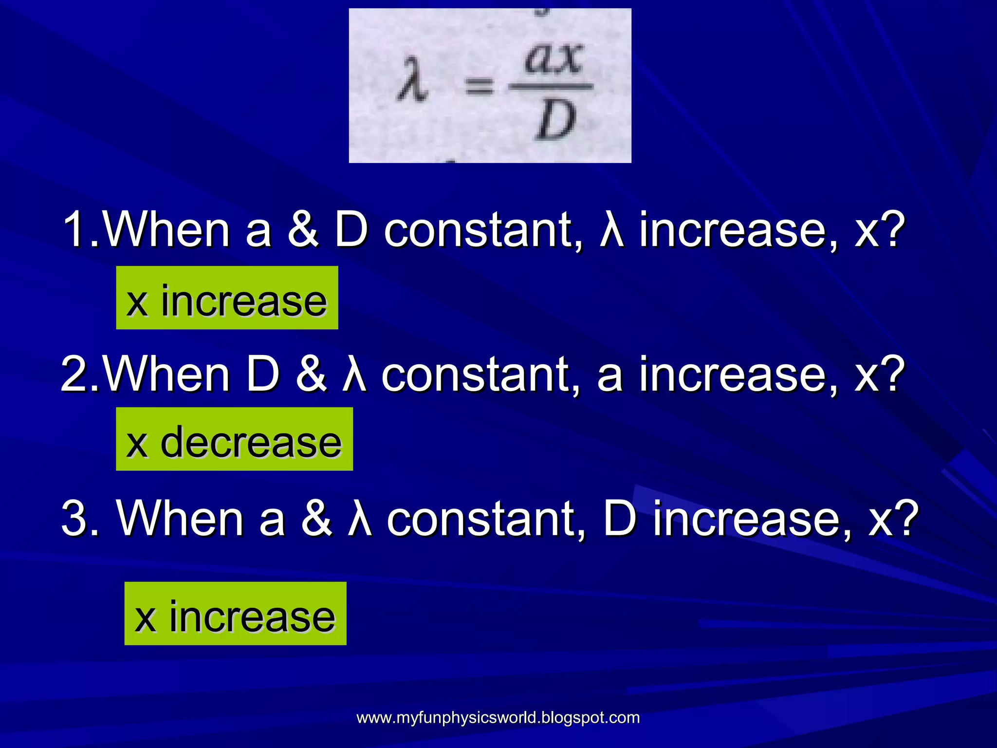 1.When a & D constant, λ increase, x?
  x increase
2.When D & λ constant, a increase, x?
  x decrease
3. When a & λ constant, D increase, x?
   x increase

                www.myfunphysicsworld.blogspot.com
 