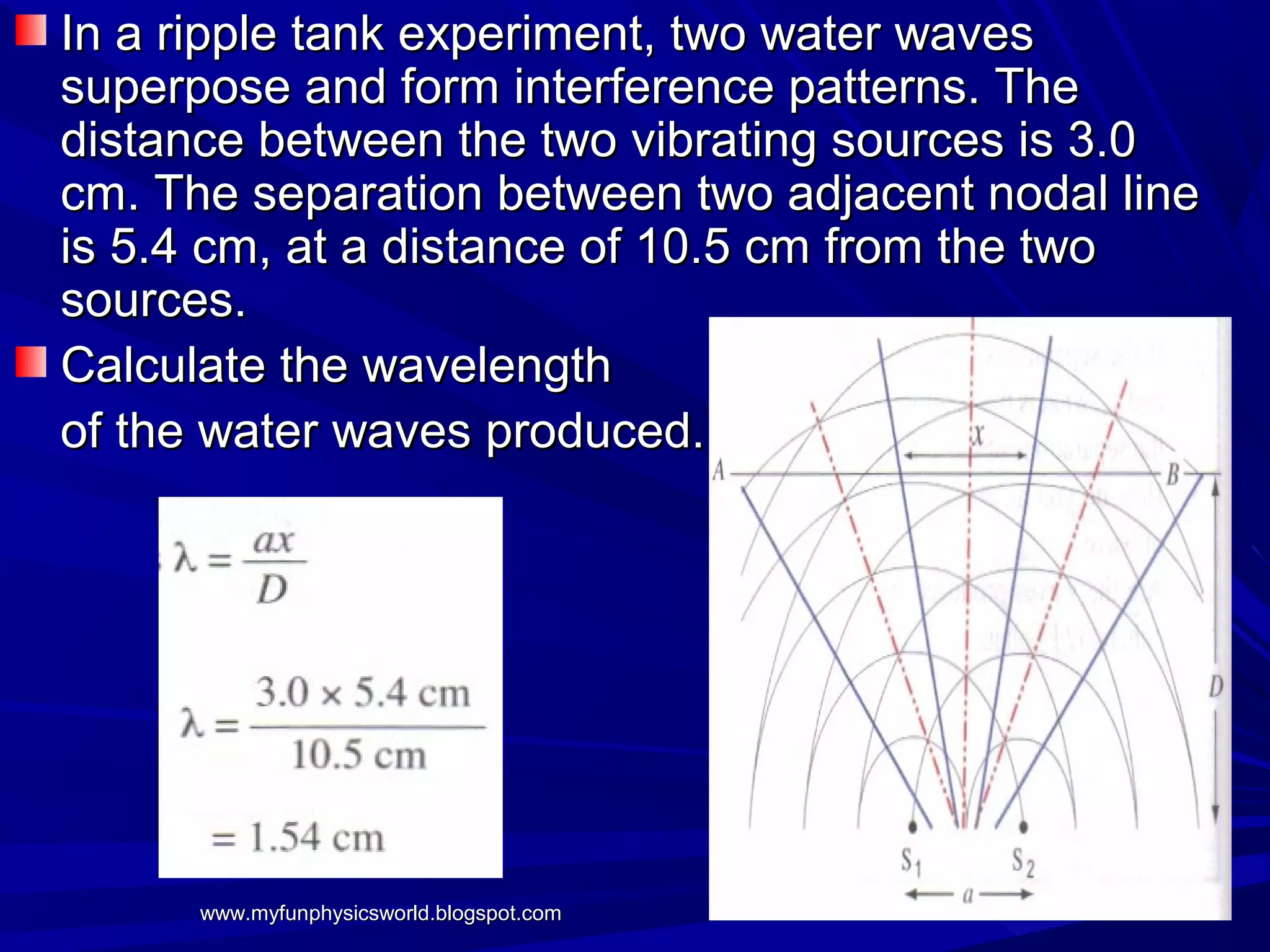 In a ripple tank experiment, two water waves
superpose and form interference patterns. The
distance between the two vibrating sources is 3.0
cm. The separation between two adjacent nodal line
is 5.4 cm, at a distance of 10.5 cm from the two
sources.
Calculate the wavelength
of the water waves produced.




      www.myfunphysicsworld.blogspot.com
 