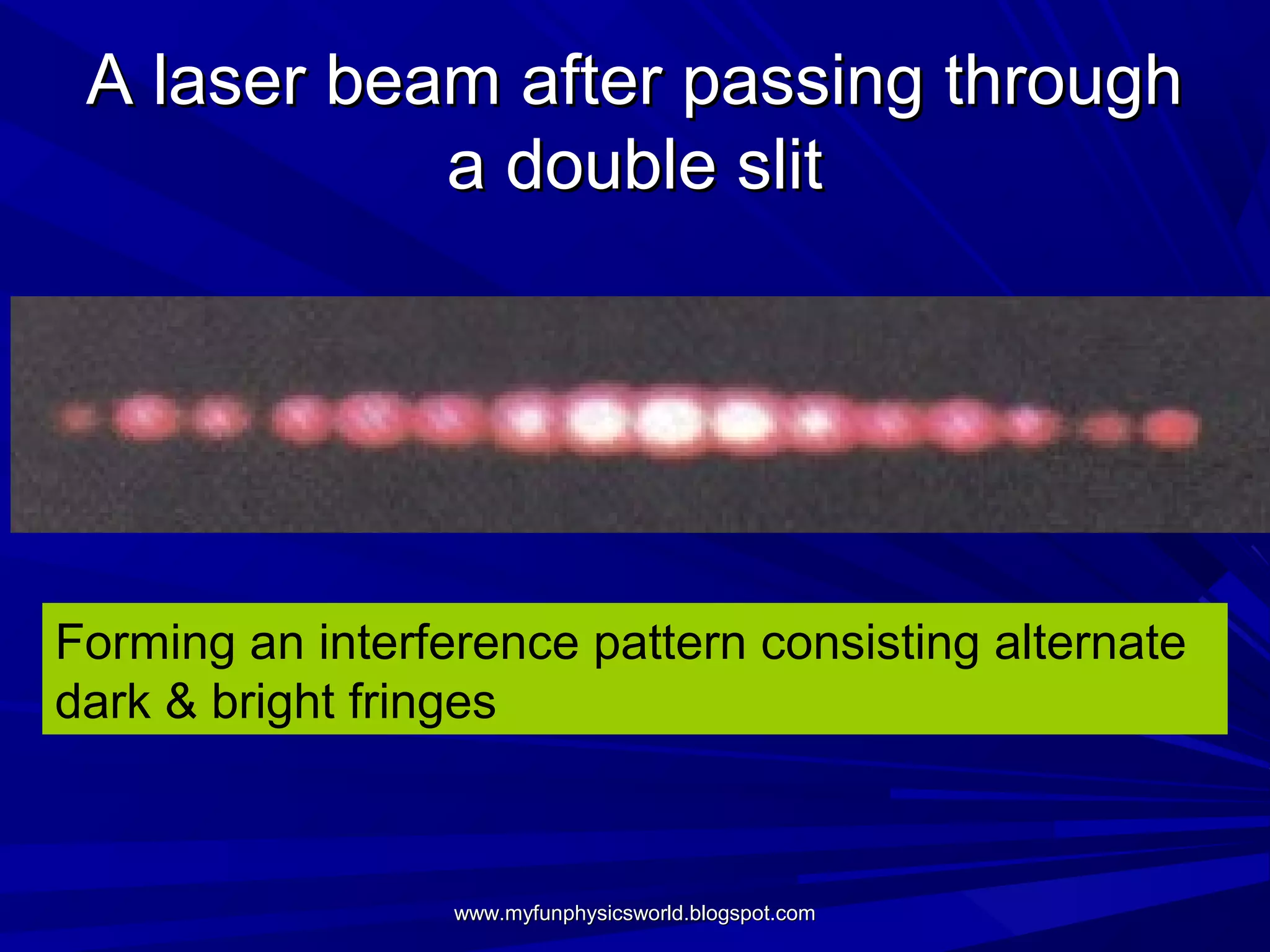A laser beam after passing through
            a double slit




Forming an interference pattern consisting alternate
dark & bright fringes



                  www.myfunphysicsworld.blogspot.com
 