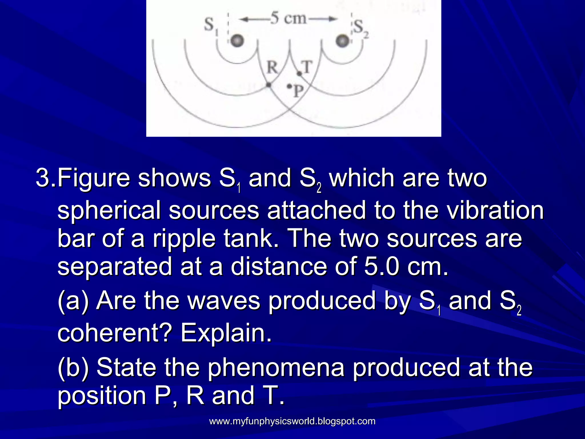 3.Figure shows S1 and S2 which are two
  spherical sources attached to the vibration
  bar of a ripple tank. The two sources are
  separated at a distance of 5.0 cm.
  (a) Are the waves produced by S1 and S2
  coherent? Explain.
  (b) State the phenomena produced at the
  position P, R and T.
               www.myfunphysicsworld.blogspot.com
 