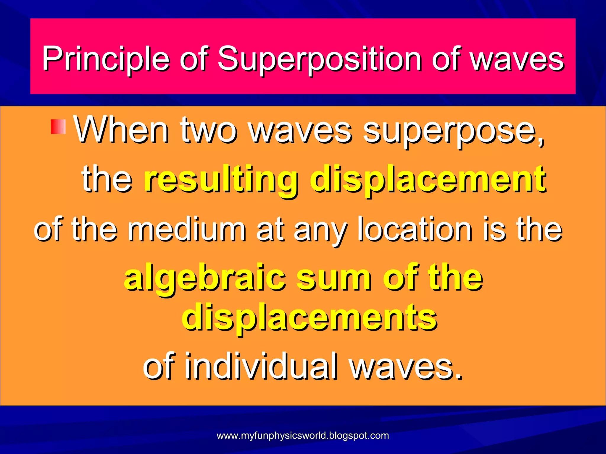Principle of Superposition of waves

  When two waves superpose,
  the resulting displacement
of the medium at any location is the
      algebraic sum of the
          displacements
       of individual waves.
            www.myfunphysicsworld.blogspot.com
 