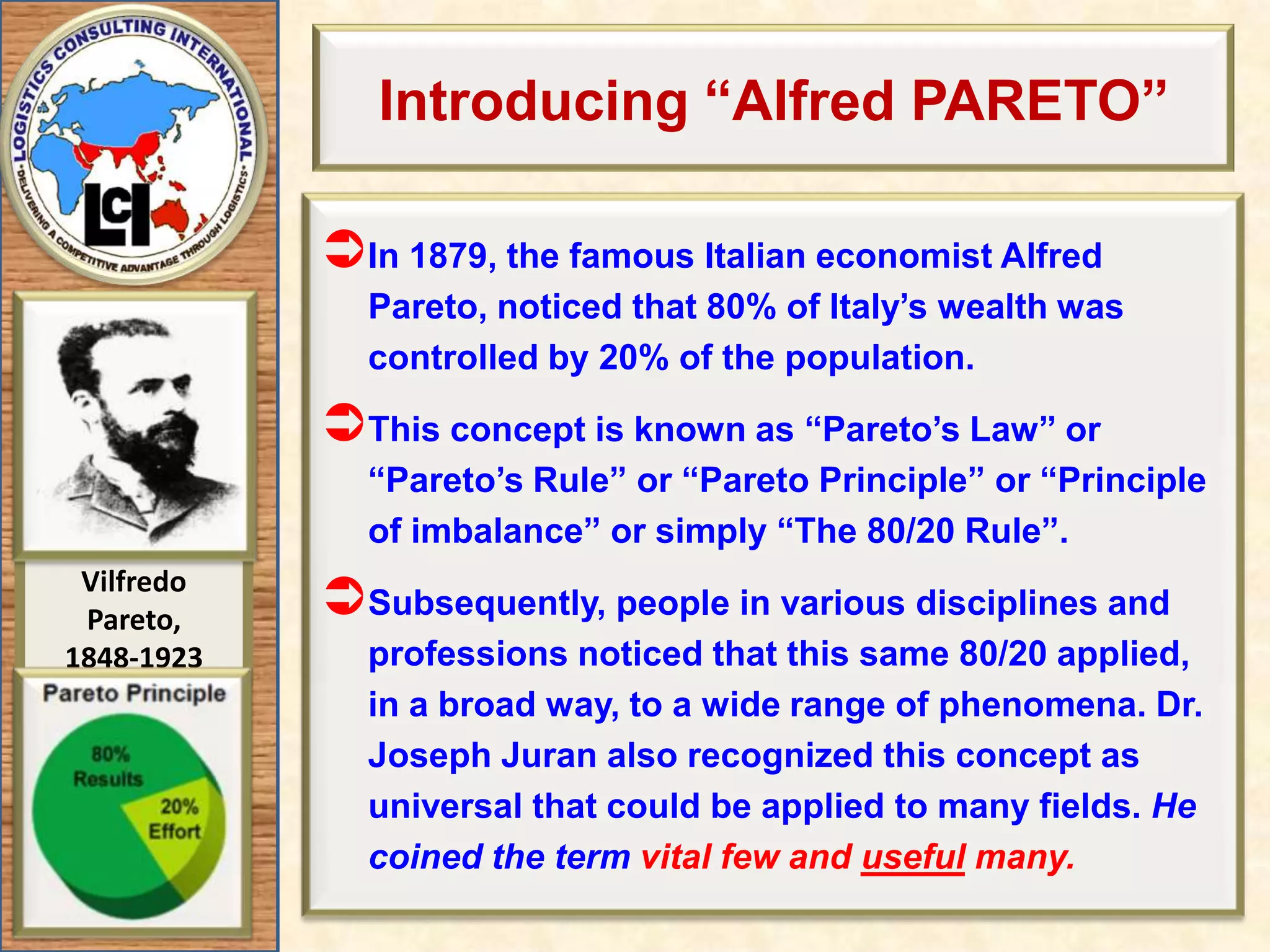 Introducing “Alfred PARETO”In 1879, the famous Italian economist Alfred Pareto, noticed that 80% of Italy’s wealth was controlled by 20% of the population. This concept is known as “Pareto’s Law” or “Pareto’s Rule” or “Pareto Principle” or “Principle of imbalance” or simply “The 80/20 Rule”.Subsequently, people in various disciplines and professions noticed that this same 80/20 applied, in a broad way, to a wide range of phenomena. Dr. Joseph Juran also recognized this concept as universal that could be applied to many fields. He coined the term vital few and useful many.