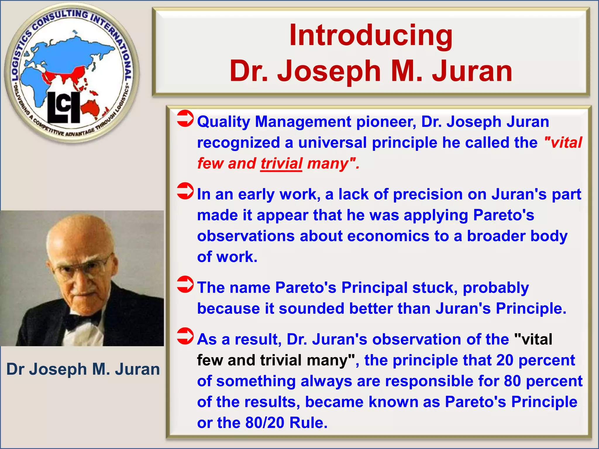 Introducing  Dr. Joseph M. JuranQuality Management pioneer, Dr. Joseph Juran recognized a universal principle he called the "vital few and trivial many". In an early work, a lack of precision on Juran's part made it appear that he was applying Pareto's observations about economics to a broader body of work. The name Pareto's Principal stuck, probably because it sounded better than Juran's Principle. As a result, Dr. Juran's observation of the "vital few and trivial many", the principle that 20 percent of something always are responsible for 80 percent of the results, became known as Pareto's Principle or the 80/20 Rule. Dr Joseph M. Juran