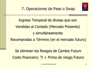 7. Operaciones de Pase o Swap Ingreso Temporal de divisas que son  Vendidas al Contado (Mercado Presente)  y simultáneamente  Recompradas a Término (en el mercado futuro) Lic. Daniel Flores Espeche Se eliminan los Riesgos de Cambio Futuro Costo financiero: Ti + Prima de riesgo Futuro 